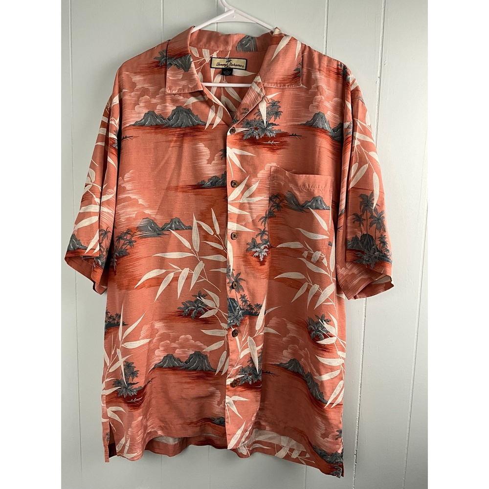 Tommy Bahama‎ Mens Large Silk Hawaiian Shirt Coral Pink Tropical Island Scenic